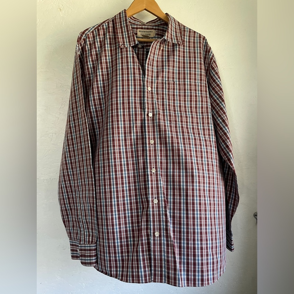 Duluth Trading Mens 2xl Tall Blue White Gingham Check Long Sleeve Button Up